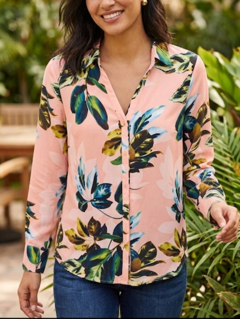 {Worthington} Pink Floral Button-Front Blouse - MEDIUM